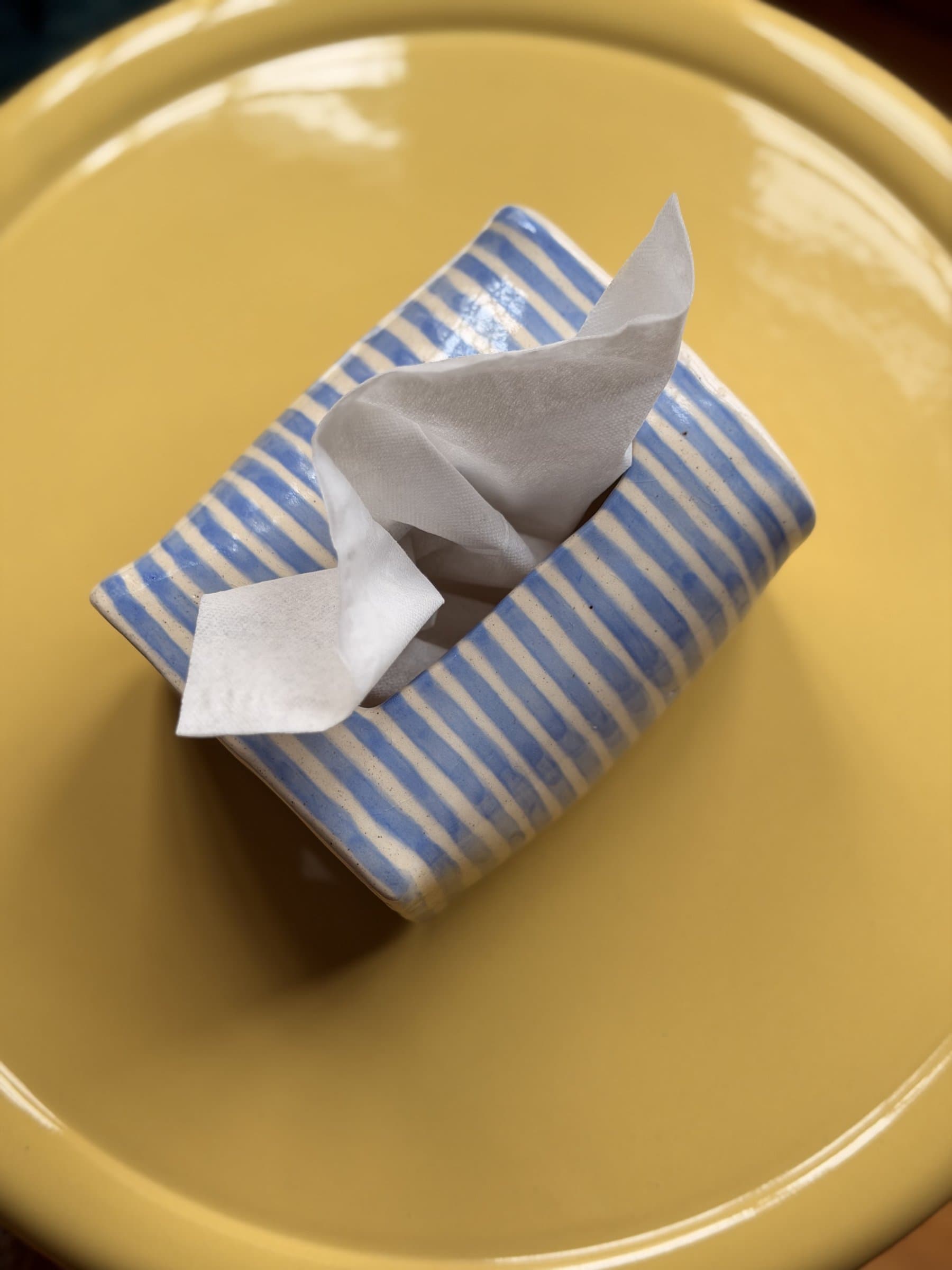 A hand-built ceramic tissue-box cover painted with blue and white stripes, tissue pulled through.